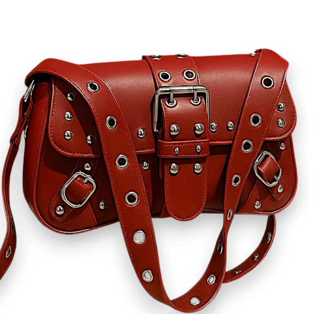 Red Punk Goth Shoulder Bag for Women, Studded Crossbody Handbag with Bold Hardware, Oversized Grommet Strap & Statement Buckle, Crossbody Bags, Thick, Studded Detail, Concerts Night, Concert Bag, Roomy Inside