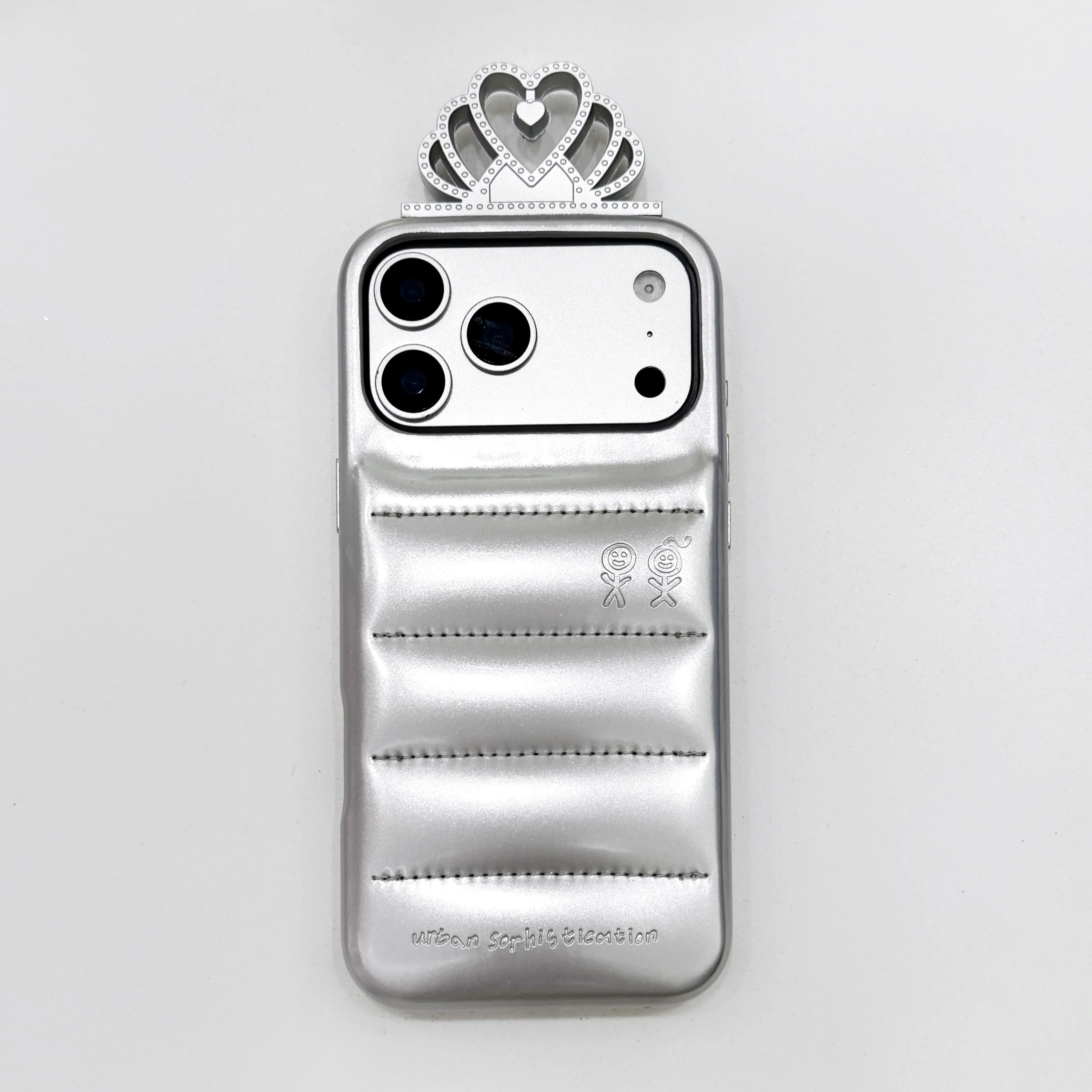Luxury Metallic Silver 3D Quilted Puffer Crown Smartphone Case - Shockproof Soft Casing, Cute Aesthetic Design, Compatible with iPhone Models, Cellphone Accessories for Protection