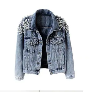 Spring and autumn new heavy beaded denim jacket women's short long sleeved fashion jacket big pearl denim jacket