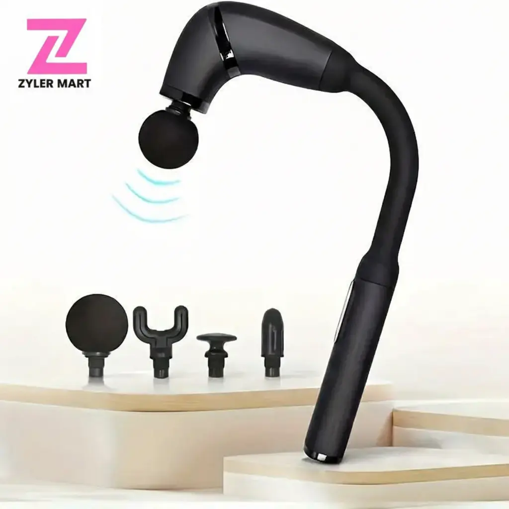 Percussion Massage Gun with Extended Handle for Deep Tissue Relief - Portable Vibratory Back Massager with 5 Speeds and 4 Heads for Shoulder and Neck Care, Back Massagers, Portable Neck Relaxer, Vibratory Massager
