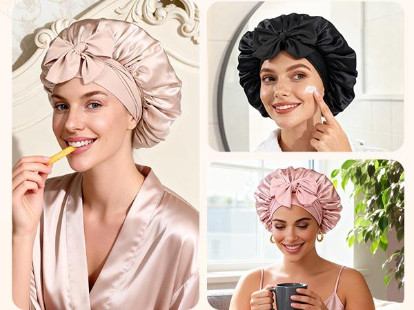 YANIBEST 22 Momme 6A Grade 100% Mulberry Silk Bonnet for Sleeping Women Double Layer Silk Sleep Bonnet with Tie for Long Curly Hair,Silk Sleep Cap Black #SummerVibes Frizz Elastic