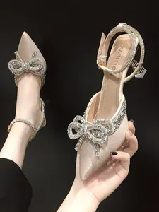 Cross-Border Trendy Rhinestone Bow Hollow Sandals, French Elegance Satin Material, Full Diamond Decoration, Stable Heel, Wedding/party/lounge