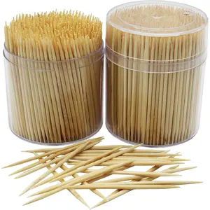 Bamboo Wooden Toothpicks | 1000-Piece Large Wood Round Toothpicks in Clear Plastic Storage Box | Sturdy Safe Double Sided Party, Appetizer, Olive, Barbecue, Fruit, Teeth Cleaning Toothpicks