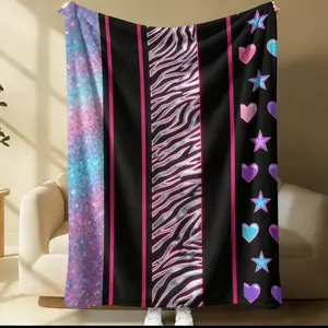 Zebra Stripe Heart Star Flannel Blanket, Cyber Neon Style Heart Star Sofa Throw Blanket, Multi-Use Blanket, Suitable for Bedrooms & Living Rooms & Dormitories, All-Seasons Use