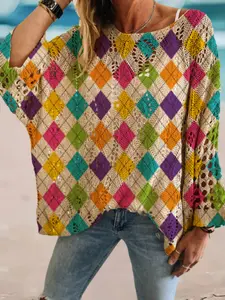 Women's Fashion New Diamond Plaid Long Sleeve Knit Top, Hollow Out Batwing Sleeves, Loose-Fitting Sweater for Vacation