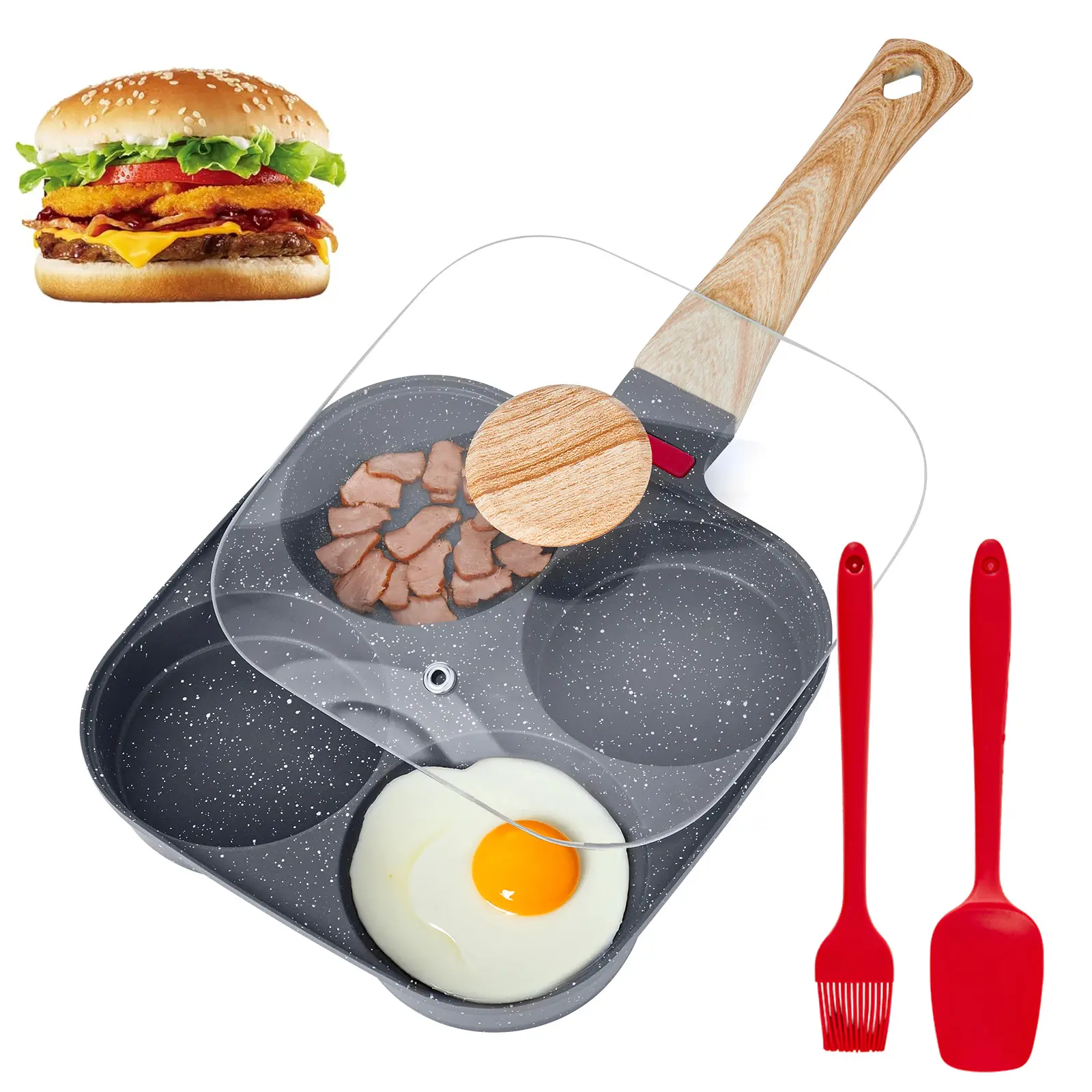 Egg Frying Pan, 4-Cup Nonstick Egg Pan with Lid, Healthy Breakfast Omelette Egg Pan Skillet for Egg Mcmuffin, Pancakes, Hamburgers, Sandwiches, Compatible with Gas Stove & Induction Cookware