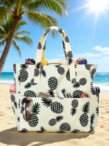 Tropical pineapple printed shoulder tote bag, niche design retro fresh multi-pocket storage seaside holiday daily commuter shoulder bag, practical and versatile to adapt to seaside holiday, travel and so on.