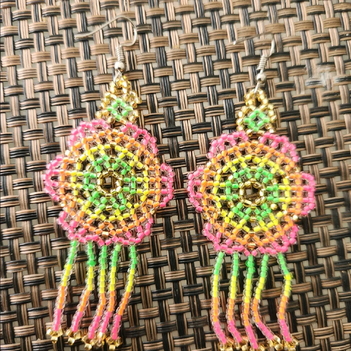 Mexican Flower Beaded Dangle Earrings/ Multicolored/ Chaquira