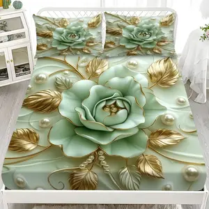 Fitted Sheet 3-Piece Set - 2D Flat Printed Green Gold Rose and Pearl Leaf Pattern Mattress Covers, Available in 10 Sizes (1 fitted sheet + 2 pillowcases, no insert). skin-friendly and breathable bedding, suitable for family bedrooms .