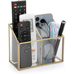 Glass Remote Control Holder,Gorgeous Remote Control Holder  with 2 Compartments,Decorative Remote Control Storage Organizer Caddies for Table, Bedroom,Living Room