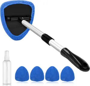AstroAI Windshield Cleaner Tool, Car Interior Detailing Cleaning Kit with Extendable Handle and 4 Upgraded High-Density Reusable Microfiber Pads, Auto Glass Wiper Brush Kit for Cars, Blue, 15.9in-21in