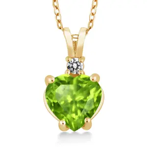 14K Yellow Gold Green Peridot and White Diamond Pendant Necklace For Women (1.57 Cttw, Gemstone Birthstone, Heart Shape 8MM, with 18 Inch Chain)