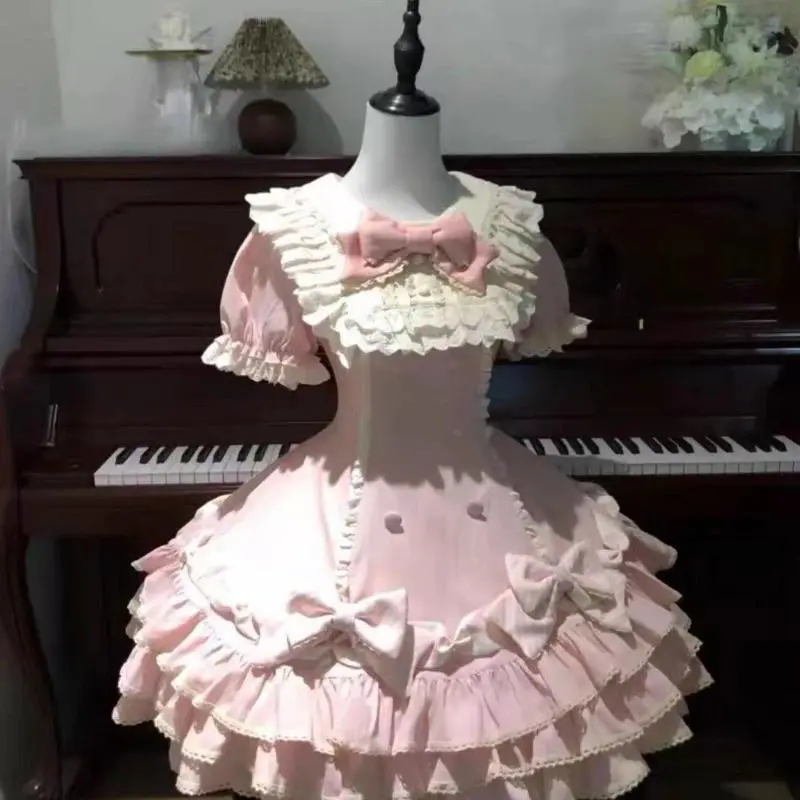 Japanese Sweet Lolita Kawaii Short Dress Women Pink Princess Y2k Bow Ruches Slim Dresses Female Korea Style Design Chic Outfits
