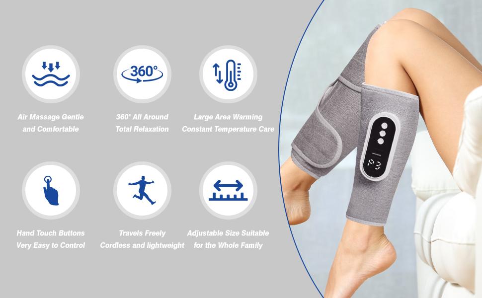 Cordless Leg Massager with Heat and Air Compression, Rechargeable Calf Massager for Daily Relaxation, 3 Modes & Intensities, Gifts for Men, Women, Athletes & Seniors