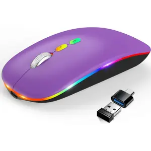 P-MUW08     Wireless Bluetooth Mouse, Slim Rechargeable LED Mouse, 2.4G Portable USB Optical Mouse with Type C Adapter, Purple