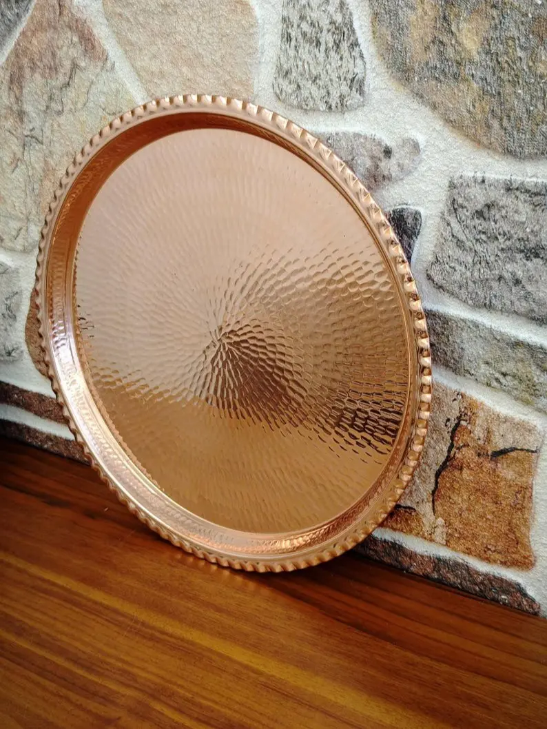 Copper Hand Hammered Solid Copper Large Round Tray - Decorative Accent Tray for Storage and Display, Available in Multiple Sizes