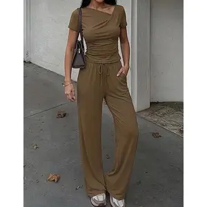 ZESICA 2 Piece Lounge Sets for Women 2026 Casual Summer Short Sleeve Ruched Top Wide Leg Pants Matching Travel Outfits