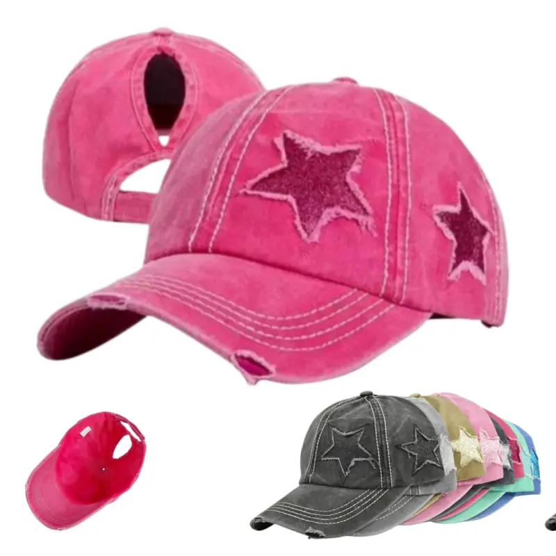 Unisex Star Decor Adjustable Baseball Hat - Breathable Polyester, Sun Protection, Teal/Blush Pink, All-Season Everyday Sports & Outdoor Cap for Travel, Leisure