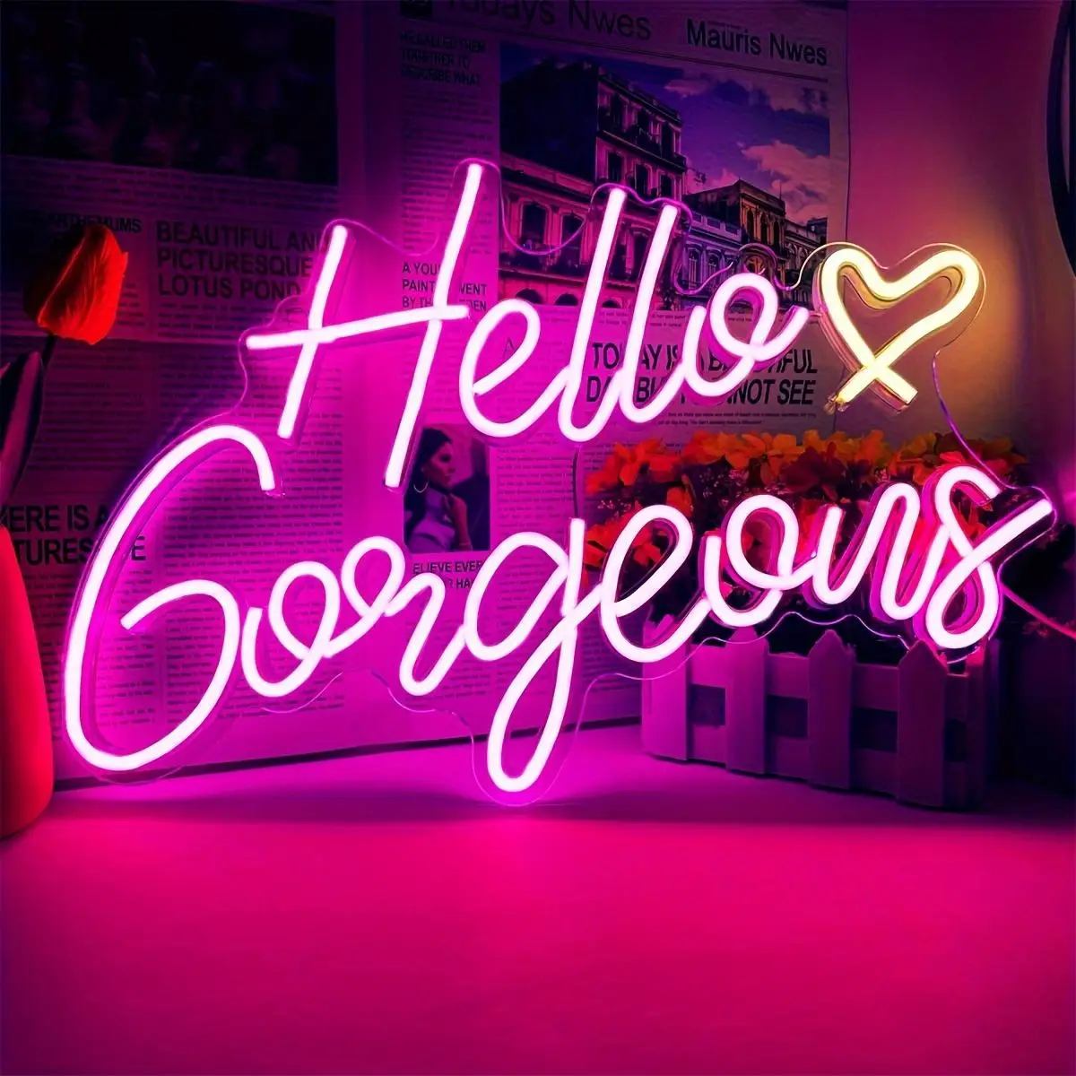 Hello Gorgeous Letter Neon Sign, USB Powered LED Neon Sign with Dimmer Switch, Neon Sign for Birthday Engagement Party Wedding Bachelor Party Backdrop