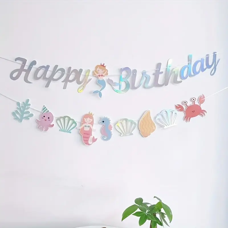 2 Pcs Set Mermaid Birthday Wall Decor Banner - Under the Sea Theme Bunting for Girls Party Decorations - Cute Paper Mermaid Tail Shell Ocean Backdrop for Home Room Garden Decor - Little Mermaid Birthday Party Supplies - 2 Pack