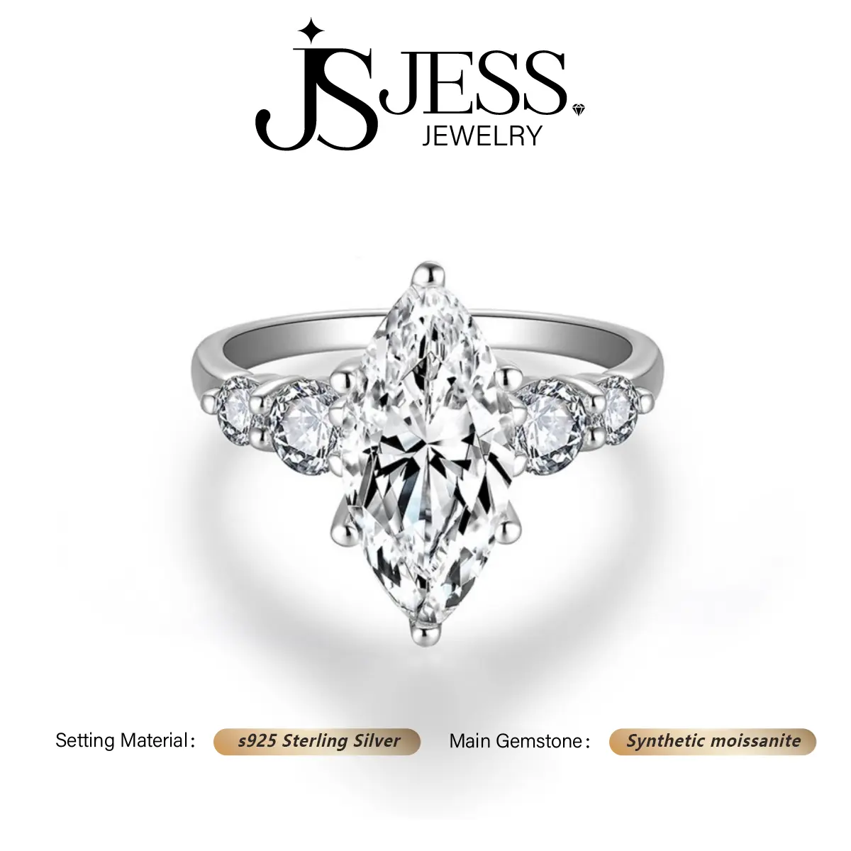 [#1118] Women's S925 Sterling Silver 3ct Marquise Cut Full Synthetic Moissanite Engagement Ring, Artificial Gemstone Jewelry, Engagement Rings, Solitaire Ring