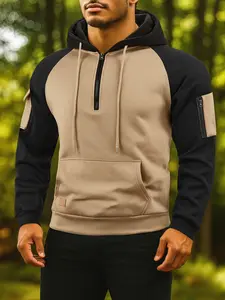 Men's Casual Hooded Sweatshirt, Heather & Colorblock, Half-Zip, Soft Fleece Lining, Multiple Pockets, Fall&winter Wear