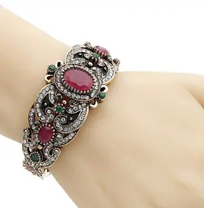 Antique Finish Ruby Crystal Openable Cuff Bangle Bracelet Traditional Fashion Jewelry