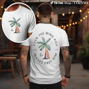 Christian Bible Verse Pattern T Shirt, Beachy Backprint Tops, Trendy Coconut Tree Shirt Unisex Tee Teen Baptism Gift Ocean Inspired Style Streetwear Apparel