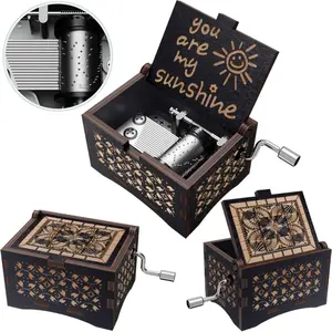 You Are My Sunshine Letter Pattern Music Box, Single Hand Crank Wooden Retro Laser Engraved Music Box, Ideal Present for Birthdays, Anniversaries and Weddings