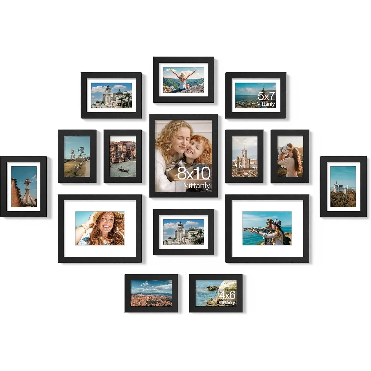 Classic Wooden MDF Photo Picture Frames Collage Wall Decor - Black 15-Pack, Hanging or Tabletop Gallery Set, Multi Sizes: 3pcs 8x10, 6pcs 5x7, 6pcs 4x6, Ideal for Family Artwork