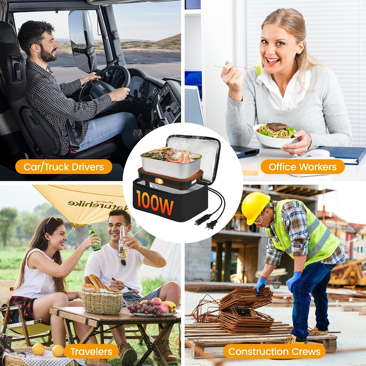 Portable Oven, 100W 12V/24V/110V 3-in-1 Electric Food Heater Electric Lunch Box Mini Microwave for Adults, Electric Lunch Box Food Heater for Men and Women, Fast Heating Keep Meals Warm for Truck, Office, Home,Travel