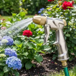 Heavy Duty Garden Hose Nozzle Gun with 4 Spray Patterns, Adjustable Nozzle: High Pressure Water Sprayer for Car Washing, Plant Watering, Yard Cleaning, and Pet Care. Solid Brass Connector.