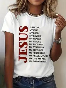 Women's Christian Faith T-Shirt - Religious Tee with Jesus as My God King Redeemer Healer Provider Defender Protector - Soft Everyday Church Outfit - Machine Washable Round Neck Top - White Shirt with Red Lettering - All-Season Spiritual Apparel - Casualw