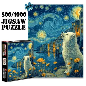 1pc 1000 piece adult puzzle 70x50cm White Dog Looking at Starry Night with Buildings and Flowers 500 pieces of paper jigsaw puzzle, suitable for adults and families, large-scale DIY puzzle interact
