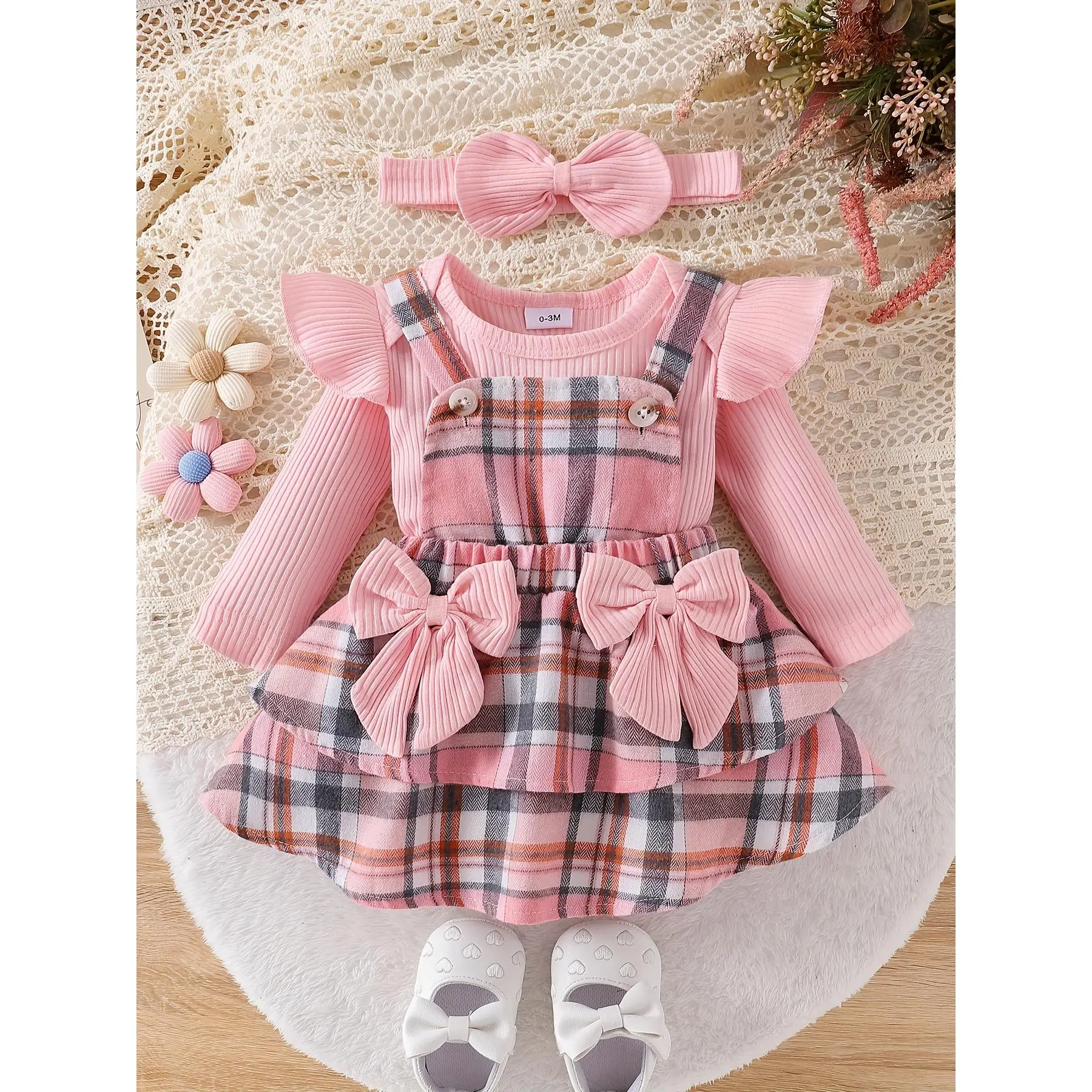 2026  NewBaby Girl Clothes Newborn Infant Long Sleeve Jumpsuit With Headband Outfits Set 3pcs Bow Fall Winter 0-18 Months, Outdoor
