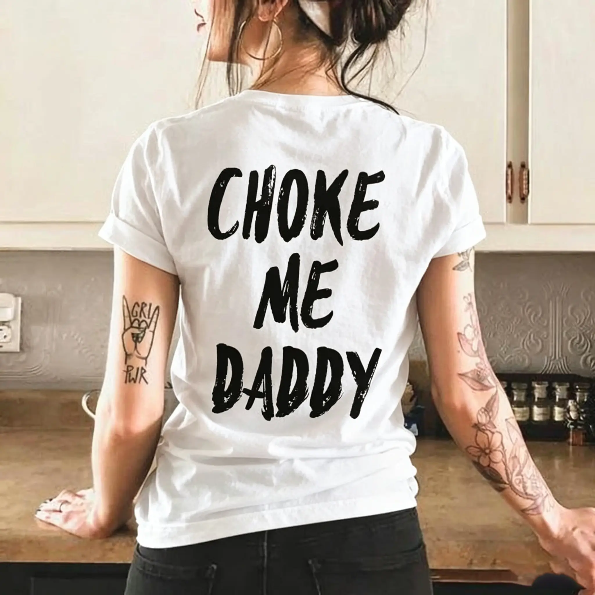 Unisex Graphic T-shirt with "Choke Me Daddy" Print, a Casual ShortSleeve Style in Soft Cotton Knit Fabric with Seamless Construction and an Elastic Collar, Loose, Tops, Casual Wear