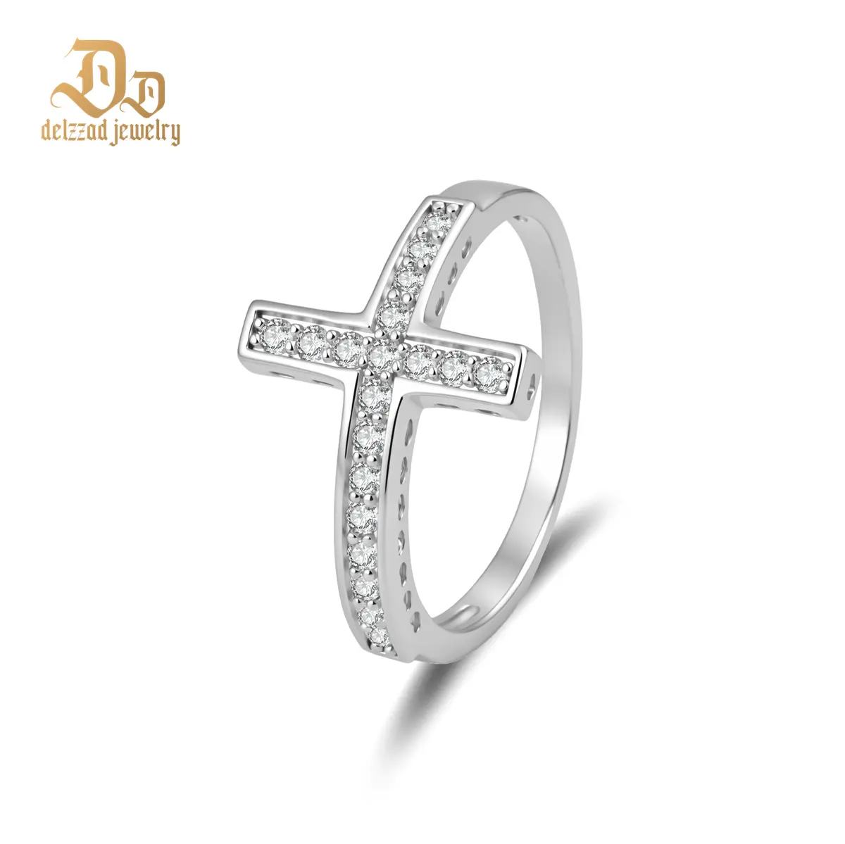 Delzzad 0.2ct Axis of Light Ring Band Sideways Cross Ring VVS Synthetic Moissanite Ring Jewelry S925/Copper Band Perfect Birthday Engagement Wedding Anniversary Christmas Gift
