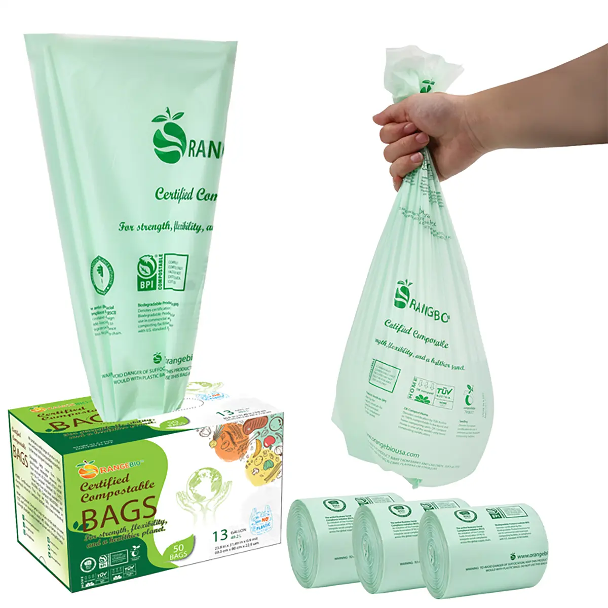 OrangeBio 100% Home Compostable Trash Bags 13 Gallon Tall Kitchen, 50 Count, 0.9 Mil, Kitchen Compost Bags, Large Compostable Bags US BPI ASTM D6400 and OK Compost Home Certified