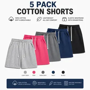 Pack of 5 men’s athletic shorts, 100% pure cotton, elastic waistband with drawstring, casual home shorts