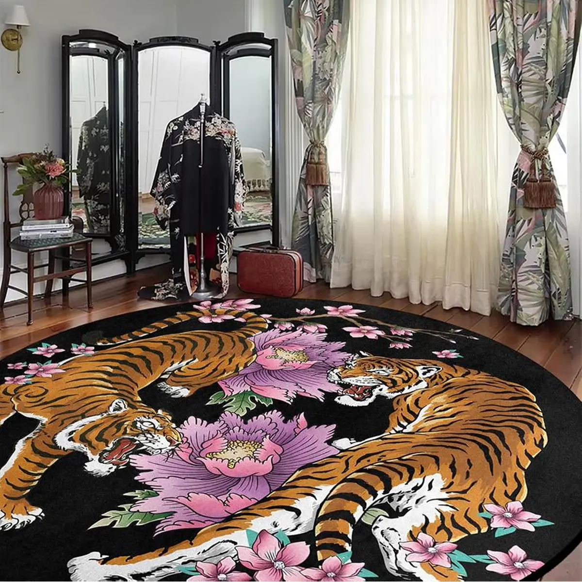 Round Carpet Mat, Animal Printed Rug, Animal Themed Rugs, Decorative Area Rug, Cozy Area Rug, Floral Tiger Pattern, American Vintage Style, Pet-Friendly Non-Slip Soft Plush Washable Foldable for Living Room Bedroom