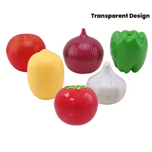 5 transparent fruit and vegetable-shaped storage boxes, durable plastic refrigerator freezer fresh-keeping containers for lemons, green peppers, tomatoes, onions, garlic, space-saving kitchen organizers with easy-access lids