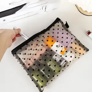 Mini Mesh Cosmetic Bag with Heart Print, Makeup Pouch | Portable Travel Toiletries Organizer | Small Tech & Earphone Pouch