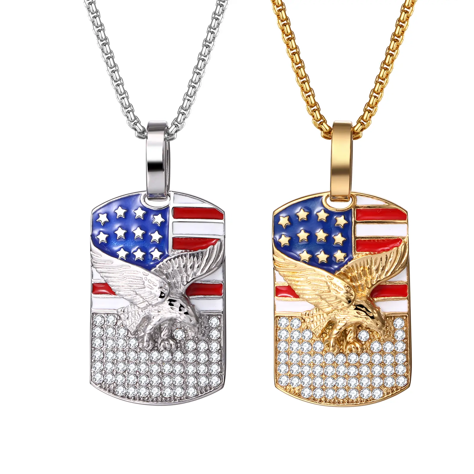 OIDEA American Flag Necklace for Men & Women, Gold Plated Stainless Steel Eagle Pendant with Cubic Zirconia, Patriotic Pride-Themed Circular Emblem Jewelry, Flag Pendant Necklaces, Metal Details Necklaces