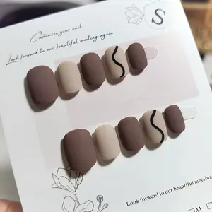 10Pcs Handmade Press-On Nails, Mocha Cocoa & Cream Matte Geometric Design, All-Season False Nail Set for Weddings Parties Vacations Spring Nails Summer Nails Acrylic False Nail Reusable Easy to Wear for Parties, Daily & Dancing, Nail Kit, Nail Art Tool