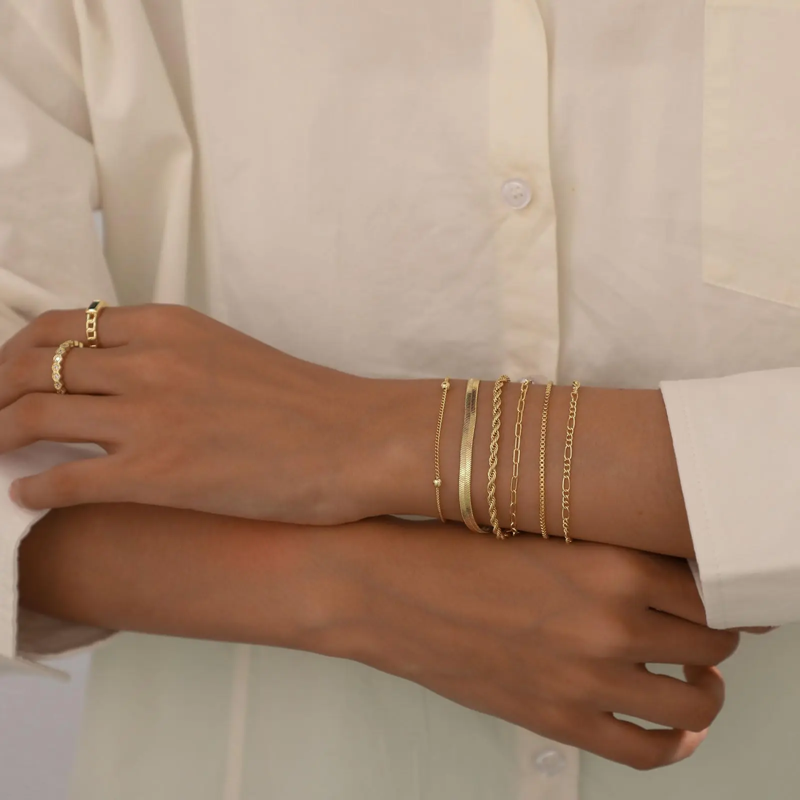 KYERLYN 6PCS Everyday Bracelets for Women 14K-Gold Plated Waterproof Dainty Stackable Cuban Link Paperclip Chain Hypoallergenic Customizable Fit Treat Yourself & Your Besties Graduation Season Gift
