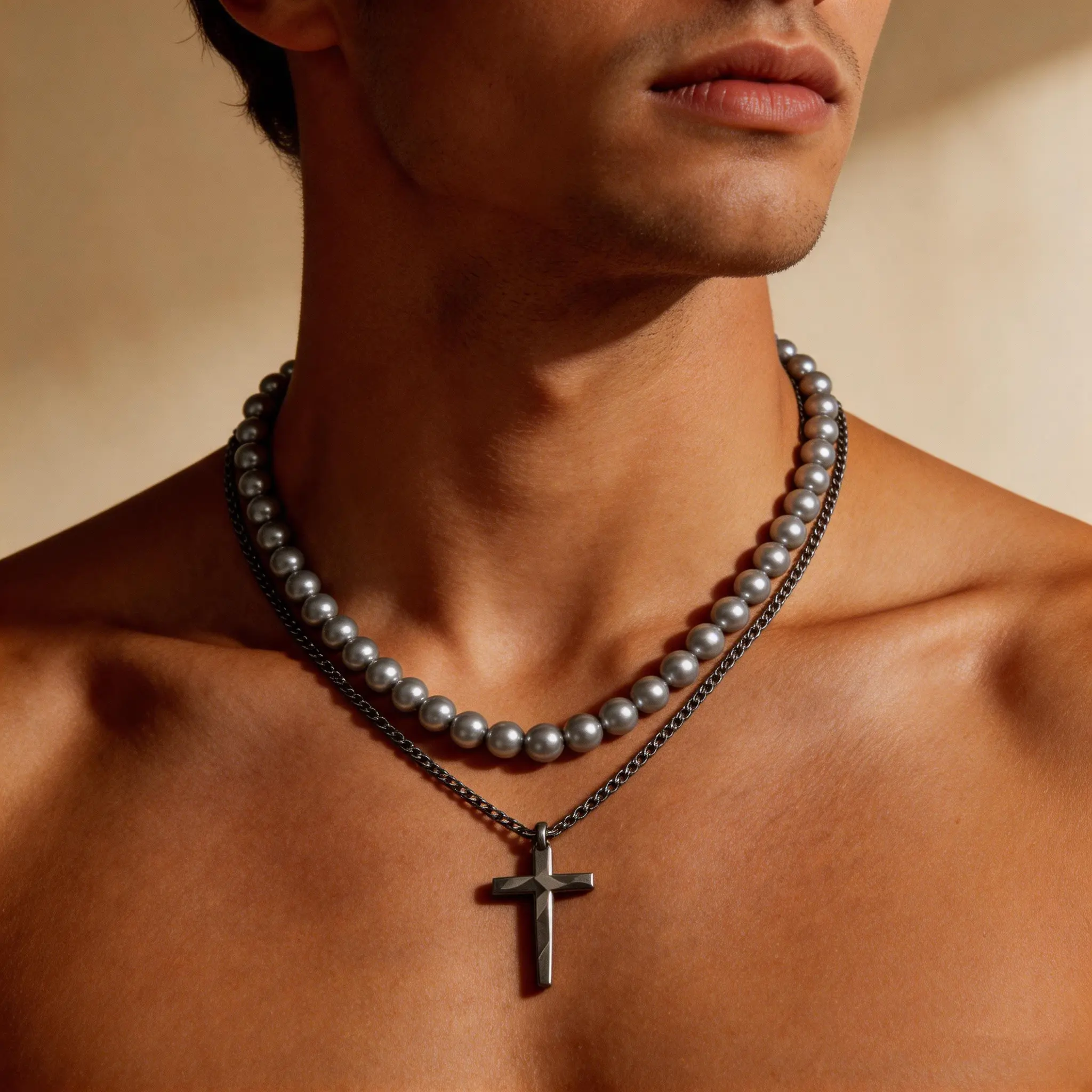 Male Layered Double Circle Cross Necklace - Gray Artificial Pearl Pendant, Spiritual Jewelry, Cross Motif Necklaces, Perfect for Daily Wear and Special Events, Religious, Party, Wedding, Cross Necklaces, Imitation Pearl