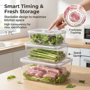 Stackable timed food storage container, high transparency, airtight and crisper, with timer function, suitable for kitchen refrigerators.