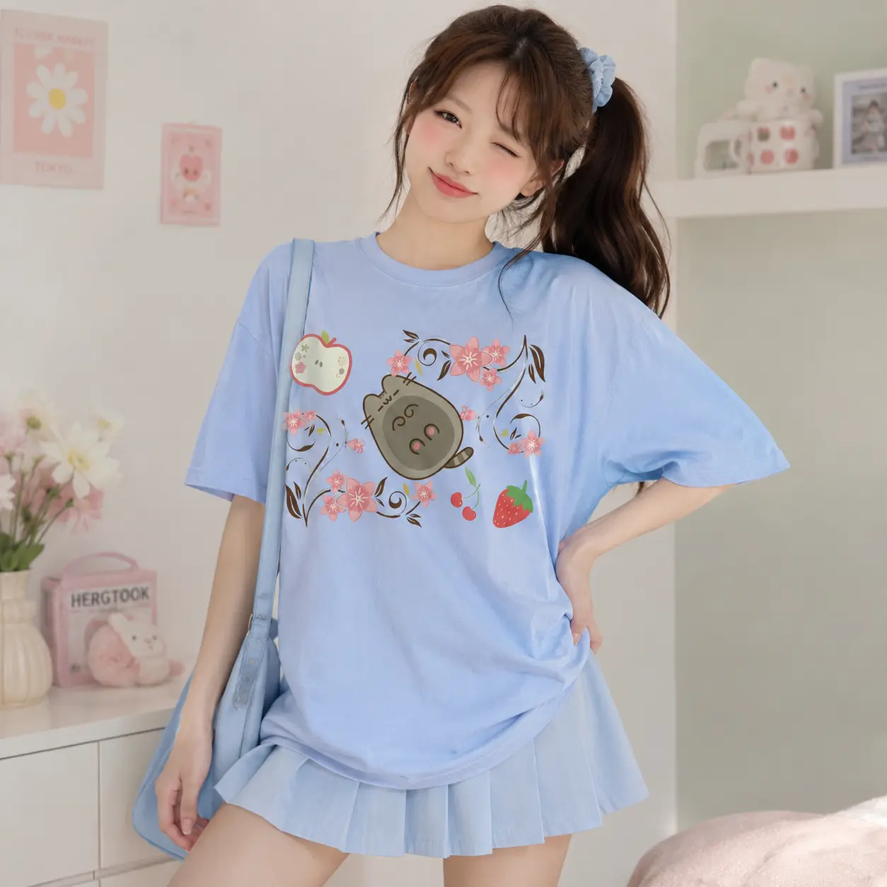 Gildan Vintage Pusheen Pink Cat T-Shirt, Cute Cherry Blossom Fruit Graphic Tee, Japanese Style Pastel Aesthetic Gift Shirt, Unisex Comfort Fit