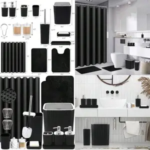 Bathroom Accories Set - 25PC Black Bathroom Set Bathroom Set With Shower Curtain And Rugs Black Shower Curtain Set Bathroom Rugs