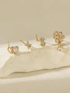 4 Piece Set Rhinestone Copper Alloy Fashion Shiny Heart Cross Flower L-Shaped Stainless Steel Nose Ring, Women's Daily Wear, Gift Idea